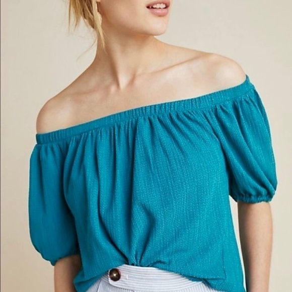 Anthropologie Teal Off-Shoulder Textured Knit Top - Picture 1 of 8